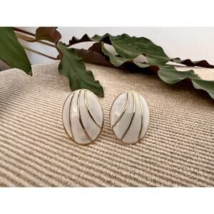 Vintage Mod White & Gold Geometric Earrings, Clip-on Costume Earrings
